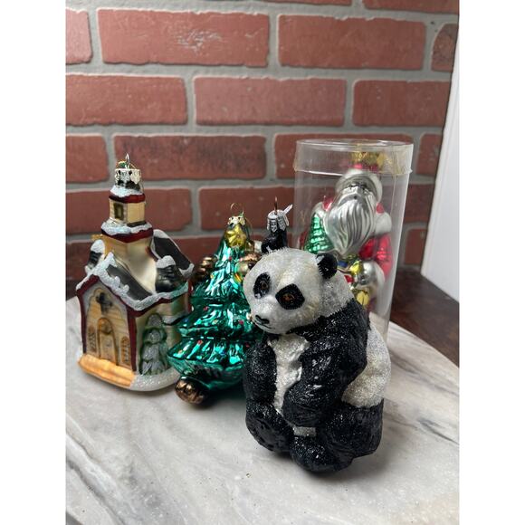 Lot 4 Blown Glass Ornaments Panda Church Santa Tree Glitter Christmas Decor - Picture 1 of 9